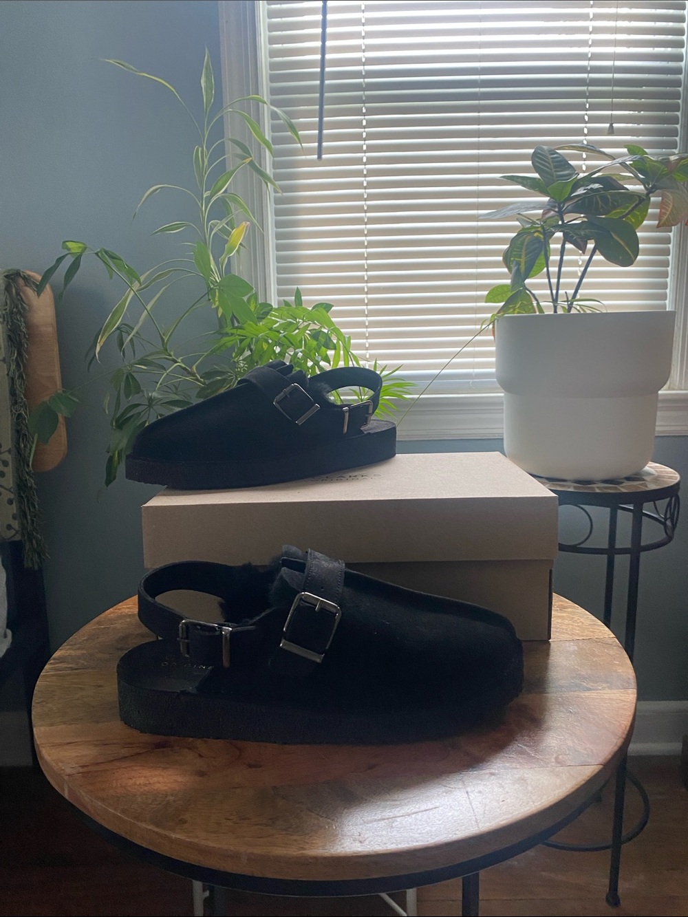 Clarks Black Suede Backstrap Clogs with Buckles